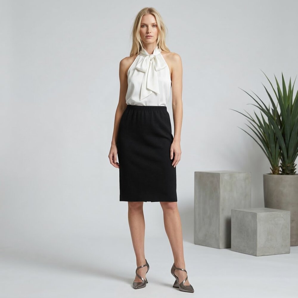 Office Siren Black Wool Warm Knit Pencil Skirt Elastic Waist Lined Size 14